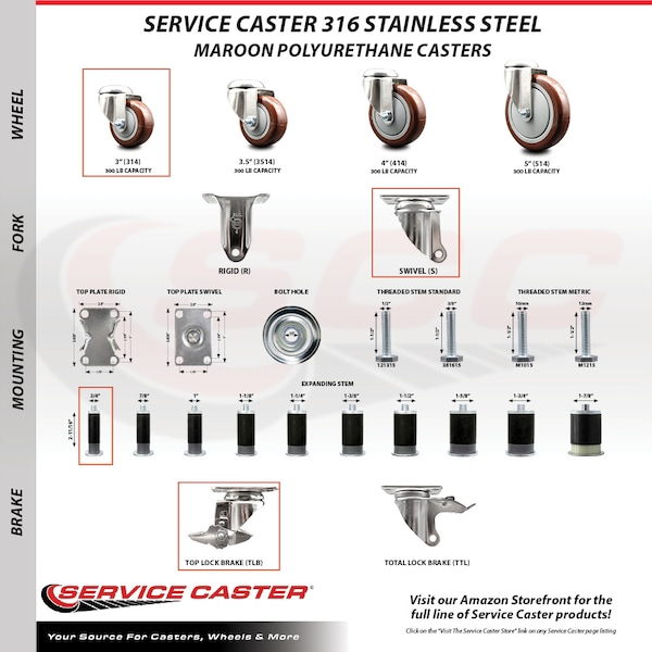 Service Caster 3 Inch 316SS Maroon Polyurethane Swivel 3/4 Inch Expanding Stem Caster Brake SCC-SS316EX20S314-PPUB-MRN-TLB-34 - main